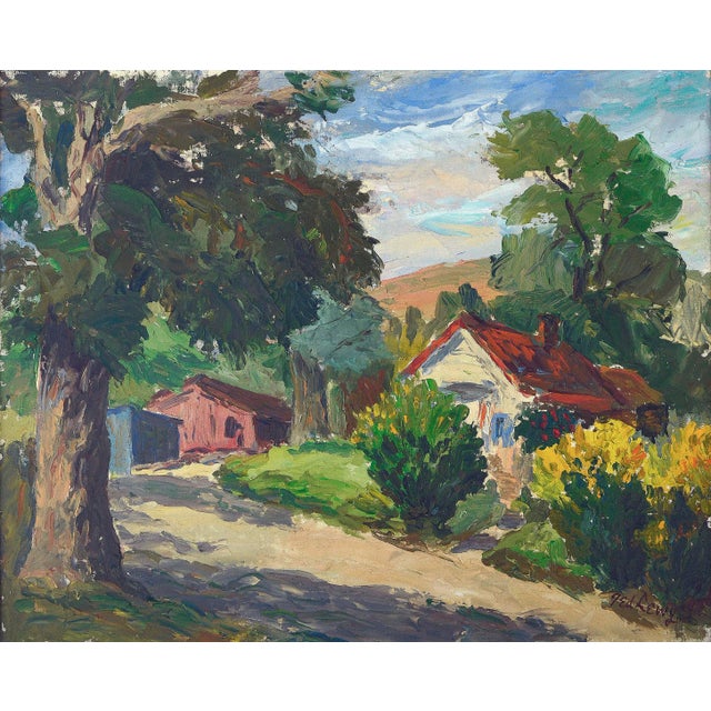 Wonderful mid century landscape titled "Late Afternoon in Novato" by Ted Lewy (American, 1912-1963). Presented in a rustic...