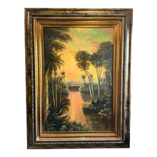Large Original Oil Painting, Tropical Landscape With Palms, Signed Vitaly For Sale