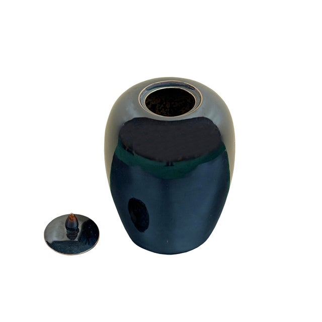 Art Deco Black Monochrome Minimalistic Ovoid Round Teardrop Finial Lid Ceramic Jar For Sale - Image 3 of 7