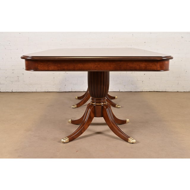 Baker Furniture Style Italian Regency Inlaid Banded Burl Wood Double Pedestal Dining Table, Newly Restored For Sale - Image 9 of 10