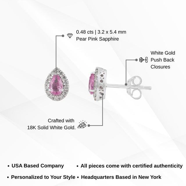 Natural Pear Cut Pink Sapphire & Diamond Halo Stud Earrings in 18k White Gold- 2 Pieces For Sale - Image 11 of 13