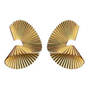 Modernist 14k Gold Folded & Pleated Origami-Style Clip-On Earrings - 2 Pieces