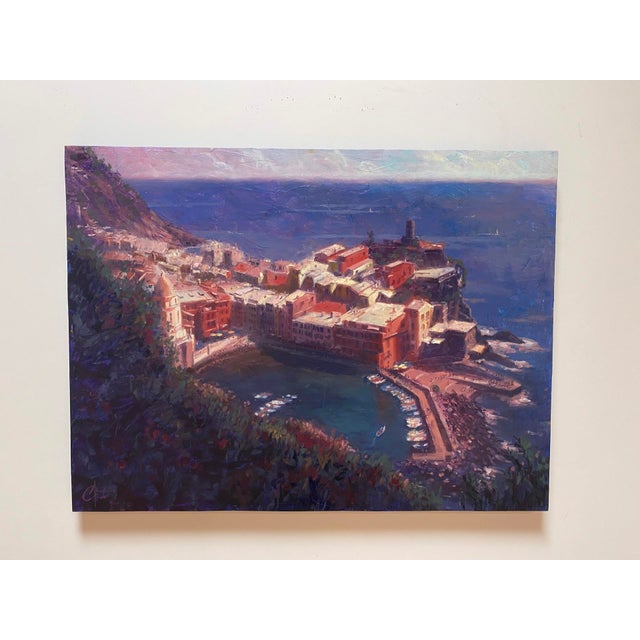 Contemporary Cliffs of Vernazza by Christopher Clark | Oil on wood panel View of Vernazza village by the sea For Sale - Image 3 of 5