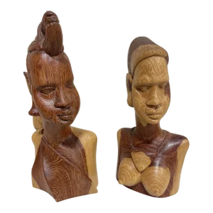 Mixed Wood Carved African Male Female Scultures - a Pair