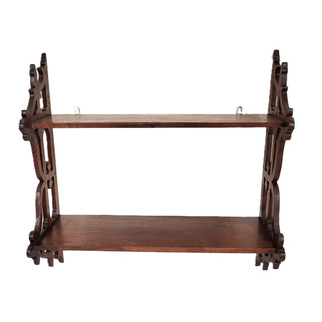 Victorian Antique American Mahogany Victorian Pierce Carved Wall Shelf 3 Tier Bookshelf For Sale - Image 3 of 8