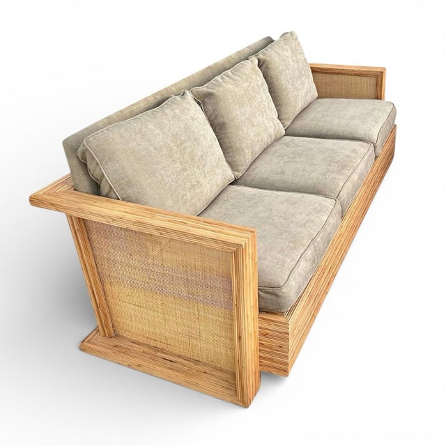 French Vintage Sculptural Rattan and Cane Sofa After Jean-Michel Frank For Sale - Image 3 of 11