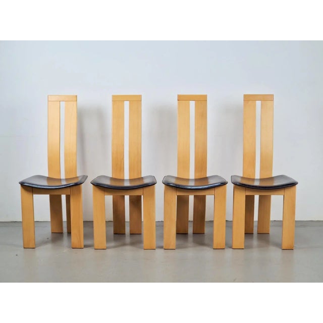 Set of 4 vintage beech wood leather dining chairs Pietro Costantini Ello ‘70 Italian postmodern dining chairs with black...