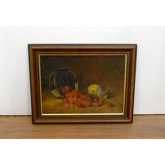 Small Still Life with Cherries and Lemon, Oil on Canvas, Early 20th Century, in Good conditions. Designed 1890 to 1919
