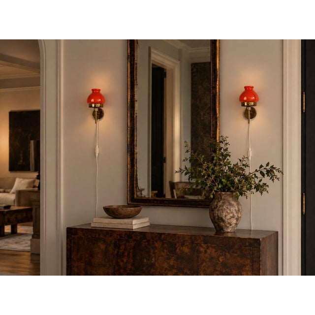 Örsjö Industri AB, Swedish Mid-Century Modern, Wall Lights, Brass, Orange Glass, Sweden, 1970s Pair of colorful wall...