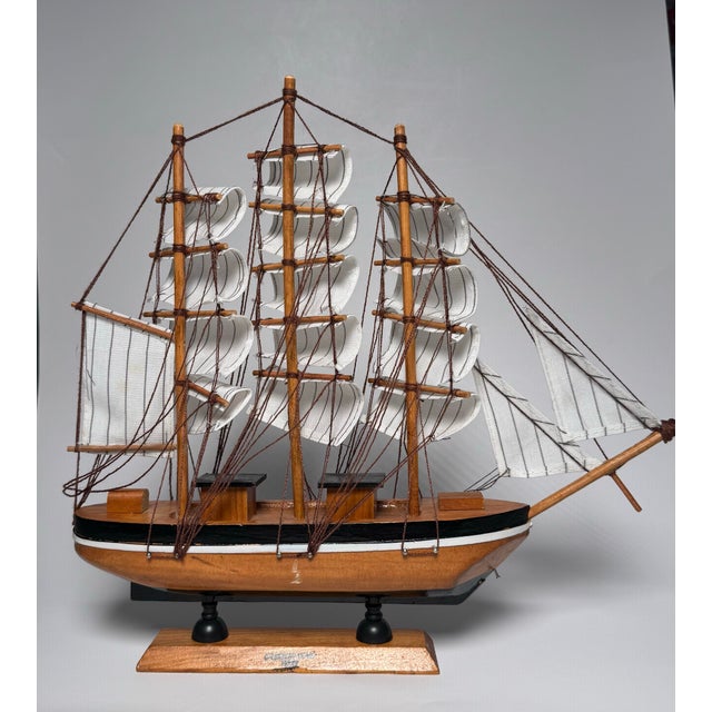 Wood Americana Nautical Wooden Decorative Clipper Tall Ship Model, Black, White & Brown For Sale - Image 7 of 12
