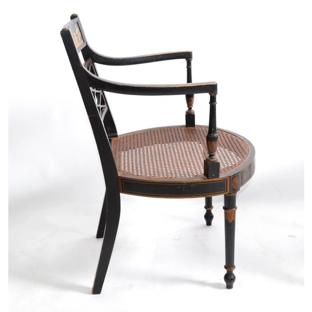 Pair of Regency Ebonized and Gilded Antique Armchairs With Hand Woven Cane Seats For Sale In Miami - Image 6 of 13