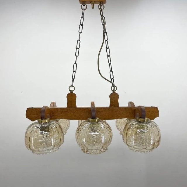 Brown Wood & Glass Ceiling Lamp, Czechoslovakia, 1970s For Sale - Image 8 of 10