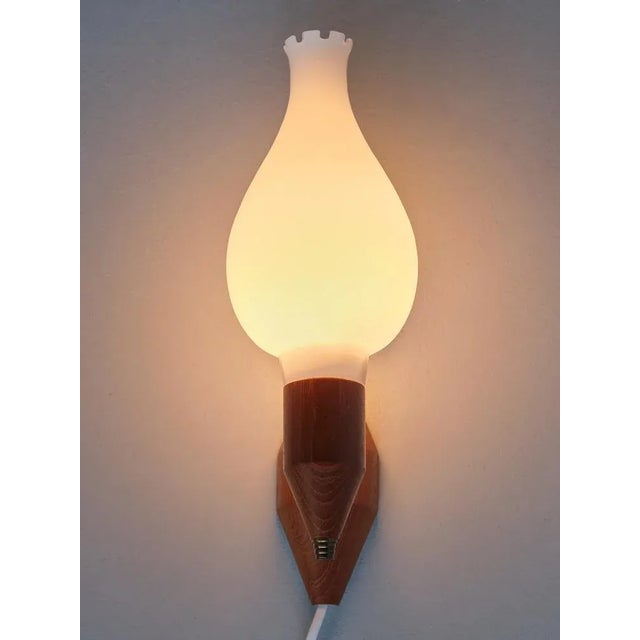 Wood Swedish Modern Teak Wood, Brass and Opaline Glass Wall Lamps, Sweden, 1950s, Set of 2 For Sale - Image 7 of 10