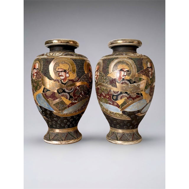 Japanese Satsuma Polychrome Vases with Gilt Decoration and Figures, 1890s, Set of 2 For Sale - Image 4 of 13