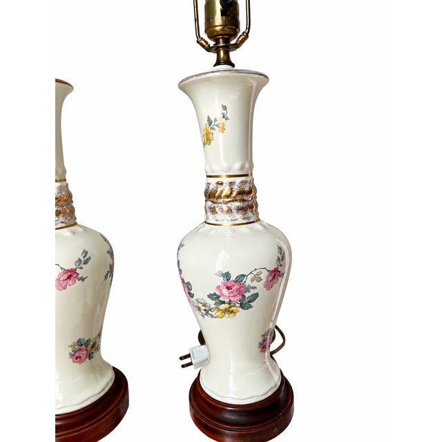 Wood Vintage Ivory Floral Ceramic Table Lamps With Gold Accents — A Pair For Sale - Image 7 of 8