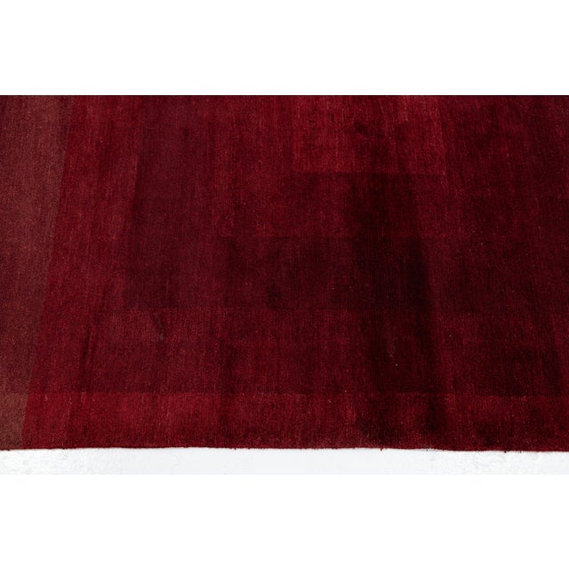 Modern Geometric Hand-Knotted Tibetan Wool & Silk Rug in Ruby Red and Burgundy For Sale - Image 10 of 10