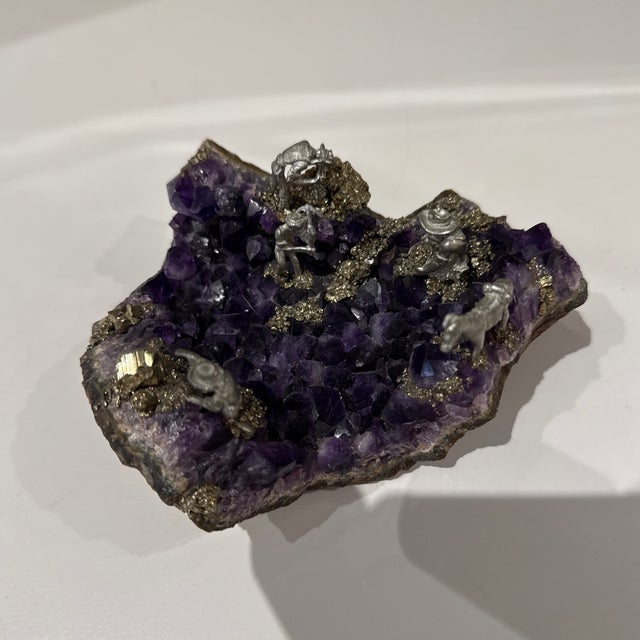 Metal Unique Amethyst Stone Mine Scene Crafted With Silver Men Working in a Mine, Art Display Piece For Sale - Image 7 of 12