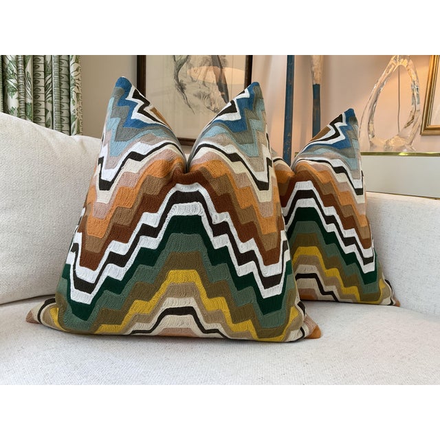 Mediterranean Pierre Frey “Fanfare” in Tentation Embroidery Down Filled Pillows - a Pair For Sale - Image 3 of 6