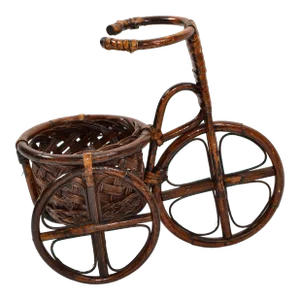 Vintage 1970s Tricycle Bohemian Chic Bamboo & Cane Handmade Decorative Plant Stand
