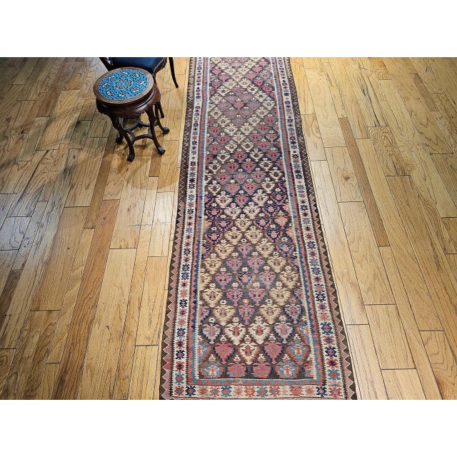 Early 20th Century Antique Persian Varamin Kilim Runner, Handwoven Wool, Caucasian Geometric Pattern, 3x15 For Sale - Image 5 of 16