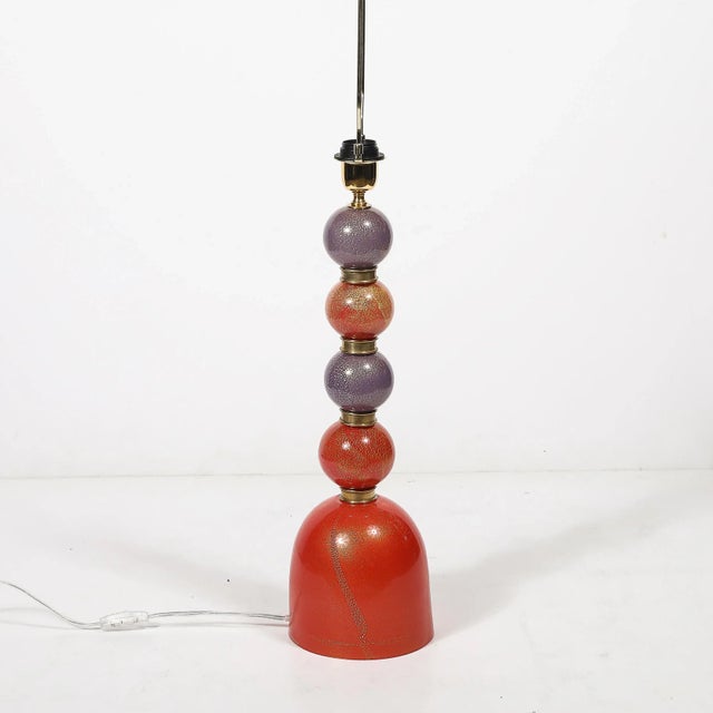 Mid-Century Hand-Blown Coral Red & Lilac Murano Glass Stacked Ball Table Lamps For Sale - Image 10 of 12