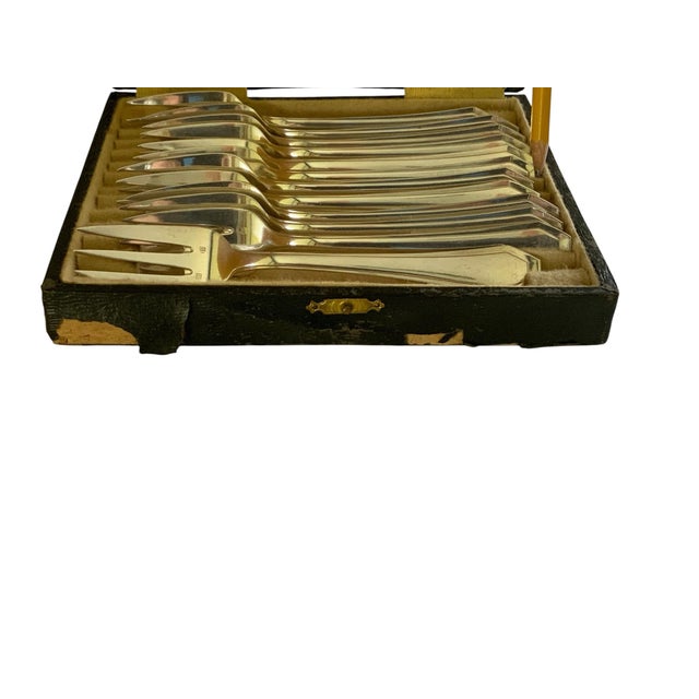 1930s Antique Majorelle Nancy French Art Deco Boxed Pastry Set 12 Forks Silver Plate Made in France 1930s For Sale - Image 5 of 6