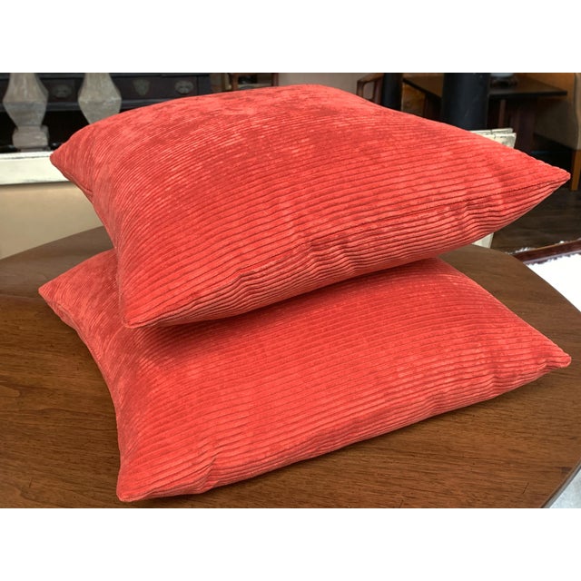 Custom Coral Orange Corduroy Pillows - A Pair For Sale - Image 4 of 9