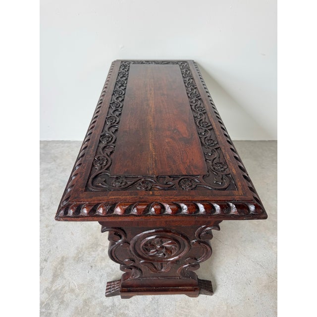 Renaissance Vintage Italian Renaissance-Style Hand-Carved Wood Coffee Table / Bench For Sale - Image 3 of 12