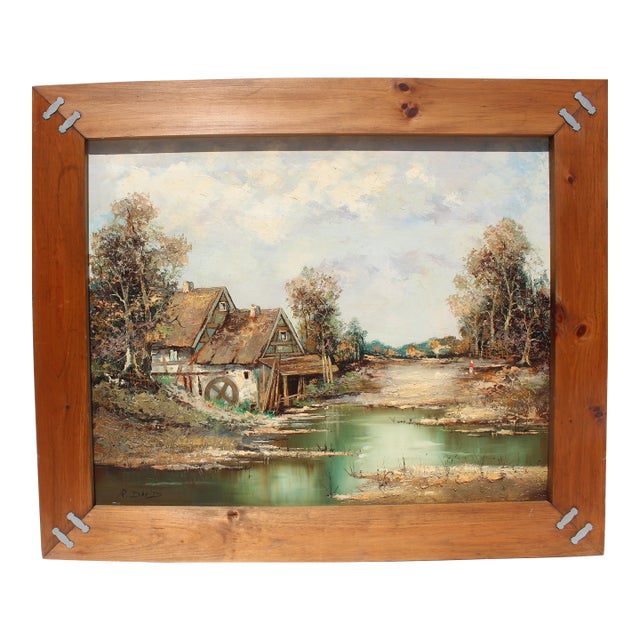 Late 20th Century Vintage Oil Painting on Canvas, Rural Landscape, Signed R.David, Framed For Sale