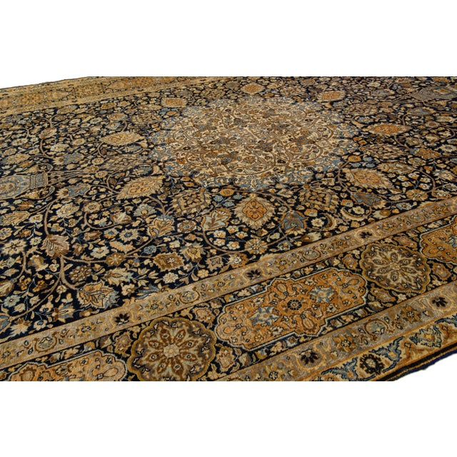 Antique Oversize Wool Rug Persian Tabriz From 1890s in Blue With Rosette Design For Sale - Image 4 of 9