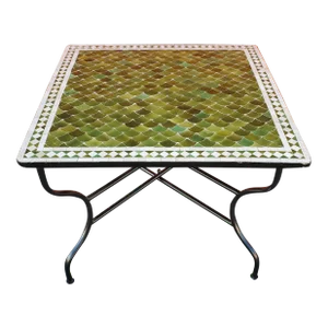40" Handmade Moroccan Square Mosaic Table in Tamegrout Green and White Fish Scales Design