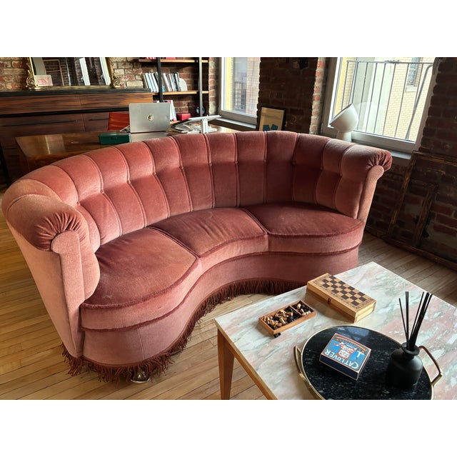 Mid-Century Modern Vintage 1940s Danish-Style Curved Mohair Sofa For Sale - Image 3 of 7