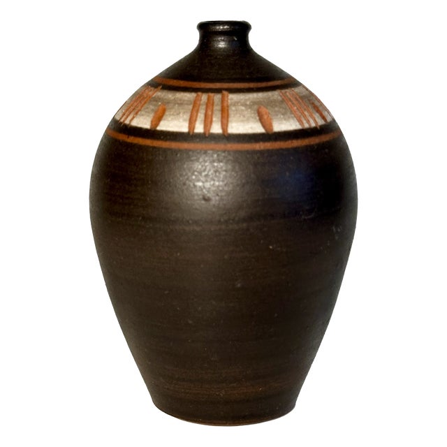 Brown Studio Ceramic Vase with Incised Decoration by Ilse Grohmann, Germany, 1960s For Sale