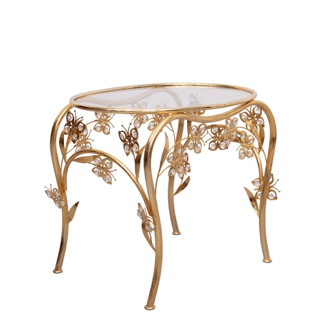 Gold Hollywood Regency Oval Brass and Crystal Butterfly Side Table, 1980s For Sale - Image 8 of 8