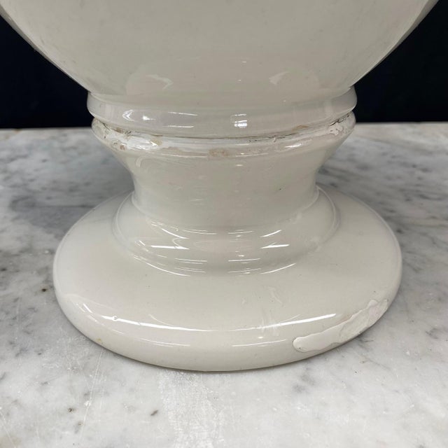 Large Antique Italian Pair of White Ceramic Apothecary Style Urn Vases -a Pair For Sale - Image 11 of 12