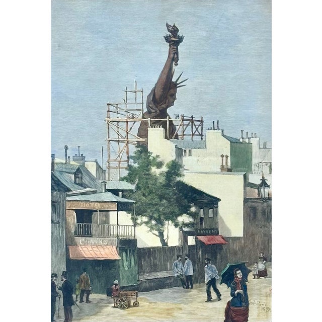 Original hand colored wood engraving from Harper’s Weekly depicting the Statue of Liberty during construction, dated 1884....
