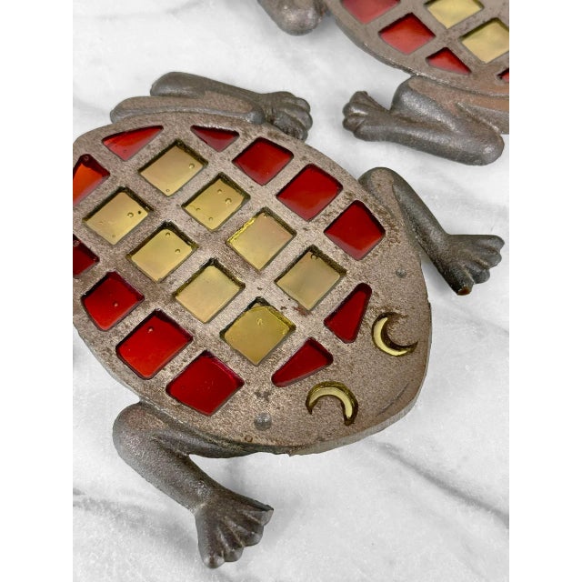Metal Vintage Stained Glass Cast Iron Frog Barware Drink Coaster Trivet - a Pair For Sale - Image 7 of 10