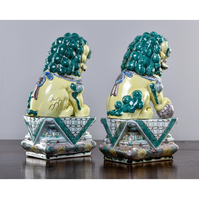 Ceramic Pair Mid Century Ceramic Foo Dogs on Base For Sale - Image 7 of 8