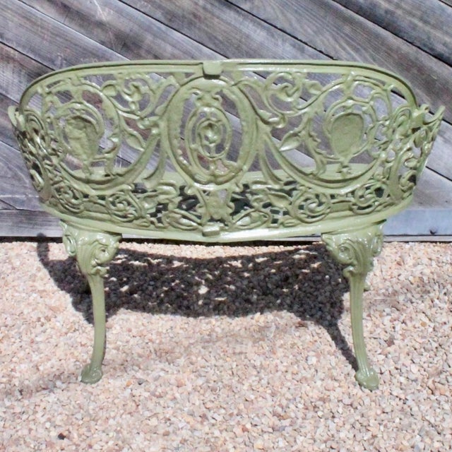 Set of Green Painted Metal Outdoor Garden Furniture: Antique Cameo Pattern, Six Pieces For Sale - Image 11 of 17
