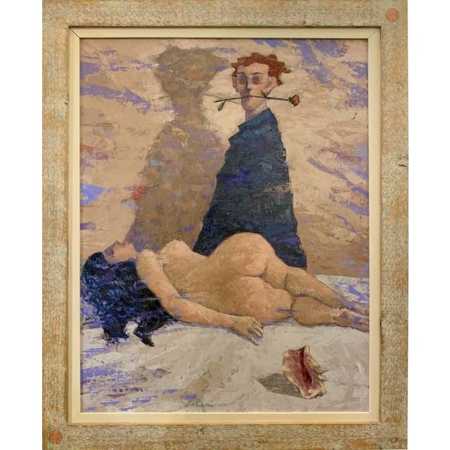The title announces the painting's subject with unusual directness: ambiguity is not the mood but the content. A nude...