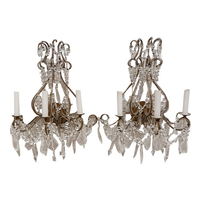 1980s Rocco Czech Bohemian Gilt Metal & Crystal Chandeliers - Pair For Sale
