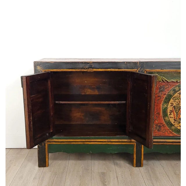 Asian Tibetan Painted Four-Door Cabinet, 19th Century For Sale - Image 3 of 11