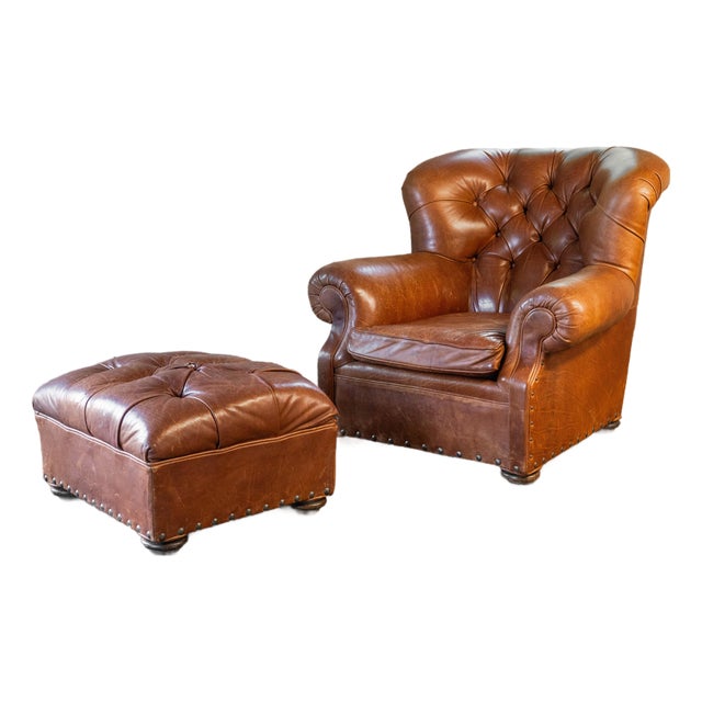 Restoration Hardware Churchill Cigar Leather Luxe Writer's Chair and Ottoman For Sale