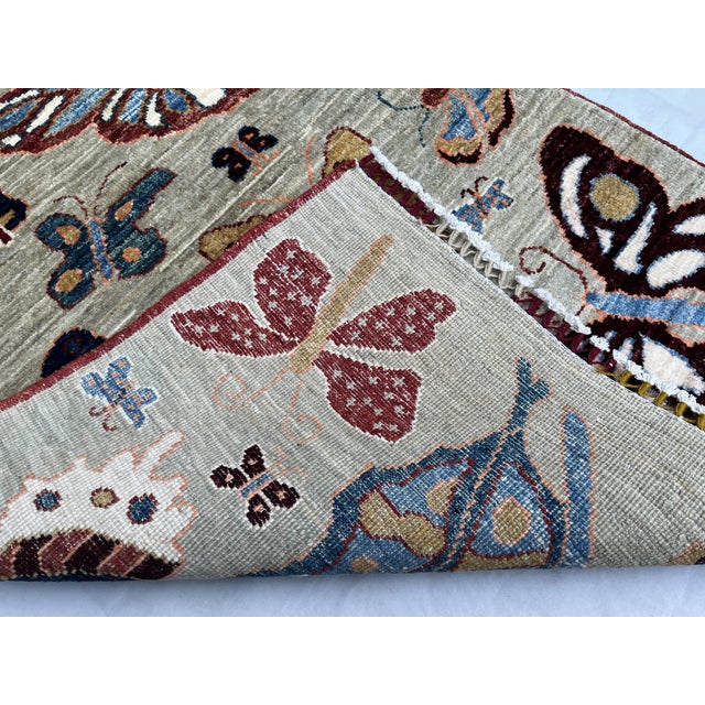 Navy Blue Hand-Knotted Pictorial Butterfly Runner on Natural Grey, 2'10" X 9'8" For Sale - Image 8 of 9