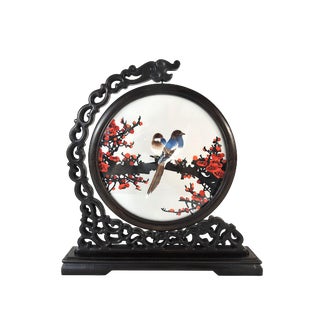 Vintage Chinese Hand Embroidered Rotating Silk Panel With Blue Jays and Cherry Blossoms on Rosewood Stand For Sale