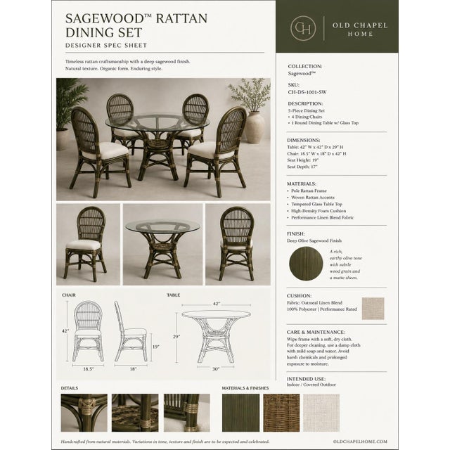 Ritana Coastal Rattan Dining Set — 5 Piece Round Glass Top Table With Four Cane-Back Chairs, Deep Olive Sagewood Finish For Sale - Image 4 of 6