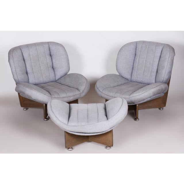 Textile Mid-Century Seating Set in Oak, Czech, 1960s, Set of 3 For Sale - Image 7 of 15
