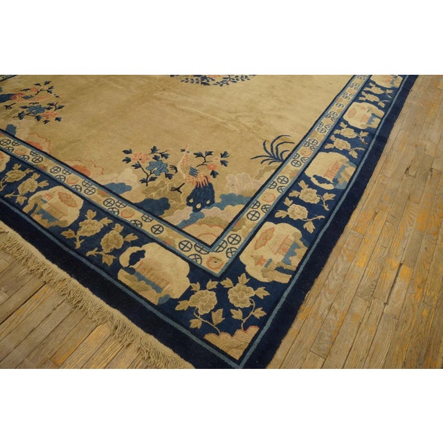 Cute Tan Background Color and blueFlower Border Medallion/Crest Pattern Antique Chinese Peking Rug For Sale - Image 9 of 11