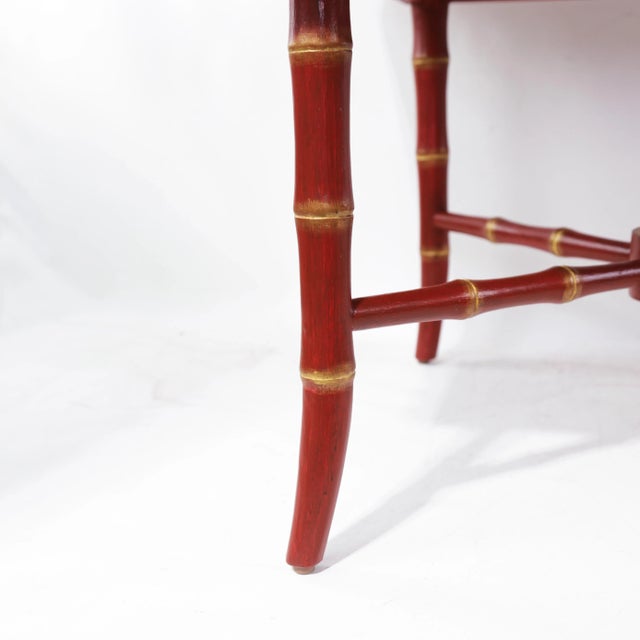Pair of Vintage Chinoiserie Red Lacquer Side Tables With Faux Bamboo Legs For Sale - Image 18 of 18