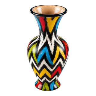 Tall Hand-Painted Uzbek Ikat Ceramic Vase, Collector Presentation For Sale